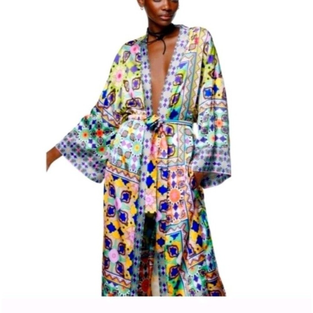 Zara Kimono Robe XS Wild Print Patchwork Midi Open Front with Tie Satin Lining - Picture 4 of 16